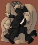  abacus accessory anteater anthro black_clothing black_necktie black_suit business_suit caricature clothing dress_shoes duo formal fur hi_res long_muzzle long_tail male mammal necktie office_clothing pilosan ravuer shirt simple_background slap small_ears small_eyes smile suit tail tan_body tan_fur topwear white_clothing white_shirt white_topwear xenarthran 