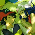  1boy 1girl ash_ketchum baseball_cap beanie black_hair blue_hair closed_eyes commentary_request dawn_(pokemon) hat long_hair lying pikachu piplup poke_ball_symbol pokemon pokemon_(anime) pokemon_(creature) raku_(rairaku345) red_scarf scarf sleeping white_hat 