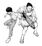  1boy 1girl abaraya akira_(manga) apron chiyoko_(akira) closed_mouth collared_shirt commentary_request full_body greyscale grin gun highres holding holding_gun holding_weapon kaneda_shoutarou_(akira) kappougi looking_at_viewer monochrome pants school_uniform shirt shoes short_hair shorts simple_background sleeves_rolled_up smile standing v-shaped_eyebrows weapon white_background 