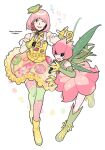  2girls asymmetrical_legwear bare_shoulders belt bob_cut boots character_charm character_name charm_(object) collared_shirt commentary crossover detached_sleeves digimon digimon_(creature) digimon_adventure dress fairy fingerless_gloves fingernails frilled_skirt frilled_sleeves frills full_body gloves green_boots green_sleeves green_thighhighs green_wings hashtag highres holding holding_microphone kamen_rider kamen_rider_ex-aid_(series) leaf_wings lilimon looking_at_viewer medium_hair microphone mighty_(kamen_rider_ex-aid) mismatched_legwear mole mole_under_eye monster_girl multicolored_thighhighs multiple_girls one_eye_closed open_mouth petals pink_dress pink_hair pink_skirt pink_thighhighs plant_girl poppi_pipopapo radio0of shirt short_sleeves simple_background singing skirt sleeveless standing standing_on_one_leg teeth thighhighs two-tone_thighhighs untranslatable_commentary upper_teeth_only white_background white_shirt wings yellow_belt yellow_boots yellow_gloves yellow_shirt 