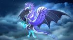  black_body black_scales claws detailed_background dragon eyelashes female feral flying hair hi_res horn membrane_(anatomy) membranous_wings moon night outside purple_hair scales scalie sky solo star starry_sky telleryspyro western_dragon wings 