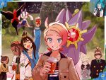  3boys 4girls :d absurdres ahoge beard black_jacket black_necktie blonde_hair blue_eyes blue_hoodie blush bracelet brown_jacket choker closed_eyes closed_mouth collared_shirt commentary_request cup dark-skinned_male dark_skin disposable_coffee_cup disposable_cup emma_(pokemon) facial_hair floette floette_(eternal) green_necktie green_shirt grin highres holding holding_cup hood hoodie jacket jett_(pokemon) jewelry lida_(pokemon) long_hair long_sleeves mable_(pokemon) multiple_boys multiple_girls naveen_(pokemon) necktie open_clothes open_jacket open_mouth orange_vest pokemon pokemon_(creature) pokemon_legends:_z-a shirt sidelocks smile star_(symbol) starmie sunglasses teeth topknot urbain_(pokemon) vest vinnie_(pokemon) white_jacket zuhoson zygarde zygarde_cell 