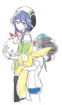  2girls amyucheu beret black_hair black_pants blue_eyes blue_shorts bronya_zaychik bronya_zaychik_(blue_reunion) bronya_zaychik_(valkyrie_chariot) closed_mouth commentary_request drill_hair fu_hua fu_hua_(spring_traveler) green_shirt grey_hair hat highres homu_(honkai_impact) honkai_(series) honkai_impact_3rd jingwei_(bird) korean_commentary multiple_girls pants shirt shorts simple_background white_background white_shirt 