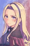  1girl blonde_hair blush closed_mouth collared_shirt constance_von_nuvelle curly_hair earrings ears fire_emblem fire_emblem:_three_houses hairband highres jewelry long_hair looking_at_viewer purple_eyes shirt simple_background smile solo umeumeumestar upper_body 