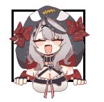  1girl animal_hood black_border black_choker blush_stickers border bow breasts choker cleavage closed_eyes commentary_request fang fingerless_gloves gloves grey_hair hair_ornament highres hololive hood large_breasts off-shoulder_jacket off_shoulder open_mouth orca_hood outside_border sakamata_chloe simple_background solo tsurukieeeeeak white_background x_hair_ornament 