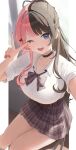  1girl :d ;d absurdres animal_ear_piercing black_choker blue_eyes blush bow bowtie breasts brown_hair brown_ribbon chair choker hair_bow hair_ornament hair_ribbon hairclip highres indoors large_breasts long_hair looking_at_viewer loose_bowtie miniskirt multicolored_hair one_eye_closed pearl_hair_ornament pink_hair pink_nails plaid_clothes plaid_skirt pleated_skirt ponytail ribbon ronununn school_uniform shirt short_sleeves sitting skirt sleeve_rolled_up smile solo split-color_hair tachibana_hinano tachibana_hinano_(school_uniform) two-tone_hair v v_over_eye very_long_hair virtual_youtuber vspo! white_shirt 
