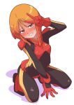  1girl black_bodysuit blush bodysuit breasts bright_pupils commentary_request full_body furrowed_brow gloves grin gundam gundam_zz hand_on_ground hand_up highres long_sidelocks looking_at_viewer mecha_pilot_suit multicolored_bodysuit neo_zeon nervous_smile normal_suit_(gundam) onimaru_(onimal7802) orange_hair puru_two red_bodysuit red_gloves short_hair sidelocks small_breasts smile solo squatting sweatdrop v white_pupils 