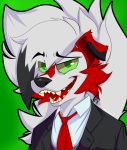 anthro black_nose bow_tie canid canine cheek_tuft clothing eyebrows facial_tuft fur green_background green_eyes green_sclera hair hi_res looking_at_viewer lycanroc male mammal midnight_lycanroc mr.whitebear nintendo open_mouth pok&eacute;mon pok&eacute;mon_(species) red_body red_fur sharp_teeth simple_background solo suit teeth tongue tuft video_games white_body white_fur white_hair 