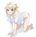  1girl all_fours ass blonde_hair breasts brown_eyes cleavage commentary_request highres looking_at_viewer love_live! love_live!_nijigasaki_high_school_idol_club love_love_comedy medium_breasts medium_hair miyashita_ai panties ponytail shirt sidelocks smile solo underwear white_background white_panties white_shirt 
