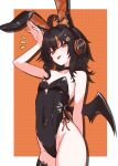  absurdres ahoge animal_ear_headphones animal_ears bare_shoulders bat_wings black_choker black_hair black_leotard cat_ear_headphones cat_ears choker commentary_request cowboy fake_animal_ears headphones highleg highleg_leotard highres leotard looking_at_viewer mahou_shoujo_no_majo_saiban multicolored_hair noir_(noire6959) orange_background orange_eyes playboy_bunny rabbit_ears sawatari_coco solo strapless strapless_leotard streaked_hair thigh_strap tongue tongue_out wings 