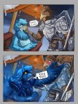  2026 2_panel_comic 3:4 absurd_res anthro armor avian beak bird blue_body blue_eyes blue_feathers blue_hair blush brown_body brown_feathers comic crossover detailed_background dialogue digital_drawing_(artwork) digital_media_(artwork) duo elden_ring_nightreign english_description english_text feathered_wings feathers female flirting fromsoftware guardian_(nightreign) hair hand_on_face hi_res holding_melee_weapon holding_object holding_weapon katsumodokat long_hair male male/female martlet_(undertale_yellow) martlet_(zenith_form) melee_weapon muscular muscular_anthro muscular_male orange_eyes outside side_view snow speech_bubble surprised talking_to_another text transformation undertale_yellow weapon winged_arms wings yellow_sclera 