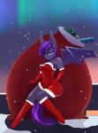  absurd_res anthro aurora_borealis bat_pony breasts chapaevv christmas clothed clothing costume crescent_star_(mlp) digital_media_(artwork) dress equid fan_character female fur gift hair hasbro hat headgear headwear hi_res holidays looking_at_viewer mammal membrane_(anatomy) membranous_wings my_little_pony night outside purple_hair santa_costume santa_hat sky smile snow solo tongue tongue_out wings 