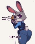  2020 anthro brachyzoid buckteeth butt clothed clothing dialogue disney english_text female fully_clothed fur grey_body grey_fur holding_object holding_weapon judy_hopps lagomorph leporid looking_at_viewer looking_back looking_back_at_viewer mammal open_mouth purple_eyes rabbit redraw simple_background solo teeth text thick_thighs unseen_character weapon white_background wide_hips zootopia 