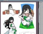  1girl art_program_in_frame aseprite_(medium) black_eyes black_hair blunt_bangs blush blush_stickers collarbone dress finger_to_cheek full_body grass hand_on_own_hip hat hat_on_back highres leaf leaf_on_clothes leaf_on_head long_hair looking_at_viewer multiple_views nazeondo one_eye_closed original shoes sitting sleeping smile straw_hat teeth upper_teeth_only vase white_dress 