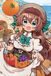  1girl :d apple apron_basket apron_hold blue_eyes blush bow bowtie brown_hair brown_hat carrot cat center_frills collared_shirt commentary_request cowboy_shot day dot_nose food frilled_bowtie frills fruit grapes hair_between_eyes hair_bow hat highres kei_s01 long_hair looking_at_viewer open_mouth orange_(fruit) orange_skirt original outdoors shirt short_sleeves skirt smile solo striped_bow striped_bowtie striped_clothes watermark white_shirt 