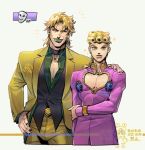  2boys adam's_apple birthmark blonde_hair choker cleavage_cutout closed_eyes clothing_cutout dio_brando ear_birthmark father_and_child father_and_son giorno_giovanna green_lips jojo_no_kimyou_na_bouken lips looking_at_viewer male_focus multiple_boys parent_and_child smile stardust_crusaders suit tmblyeet vampire vento_aureo victory_rolls 