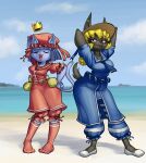  2026 anubiel_(mario-grant) beach black_body black_fur blonde_hair blue_body blue_clothing blue_fur blue_hair blue_swimwear bonnet canid canine canis cat_witch_(smekbo) clothing crown deity domestic_cat felid feline felis flats_(shoes) floating_crown footwear fur hair hands_behind_head headgear headwear hi_res jackal mammal mario-grant pose red_bonnet red_clothing red_swimwear sailor_collar seaside shoes socks swimwear victorian_clothing 