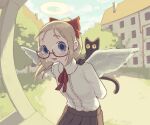  1girl absurdres angel angel_wings arms_behind_back artist_name black_cat blonde_hair blue_eyes building cat chimney cloud commentary english_commentary feathered_wings glasses glowing glowing_halo grey_wings haibane_renmei hair_ribbon halo highres hikari_(haibane_renmei) industrial_pipe kurohanenone looking_at_viewer neck_ribbon outdoors pleated_skirt ponytail ribbon semi-rimless_eyewear skirt sky smile traditional_halo tree wings 