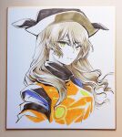  1girl black_hat blonde_hair closed_mouth commentary_request hair_between_eyes hat highres long_hair looking_at_viewer matara_okina orange_tabard shikishi simple_background smile solo tabard touhou traditional_media tsubameyado upper_body white_background yellow_eyes 