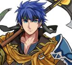  1boy armor axe battle_axe black_headband blue_armor blue_eyes blue_hair closed_mouth commentary_request fire_emblem fire_emblem:_path_of_radiance fire_emblem_heroes headband holding holding_axe holding_weapon ike_(brave_mercenary)_(fire_emblem) ike_(fire_emblem) male_focus official_alternate_costume pauldrons rem_(eyes_410) short_hair shoulder_armor silver_trim simple_background single_pauldron weapon white_background 
