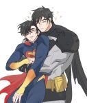  2boys absolute_batman absolute_dc absolute_superman absurdres arms_around_another's_waist batman batman_(absolute_dc) belt belt_buckle black_cape black_hair blue_bodysuit bodysuit briefs bruce_wayne_(absolute_dc) buckle cape clark_kent closed_eyes closed_mouth commentary cowboy_shot darknessbecca dc_comics grey_bodysuit hair_over_one_eye heart highres hug hug_from_behind male_focus male_underwear multiple_boys muscular muscular_male one_eye_covered parted_lips red_cape simple_background smile standing superhero_costume superman superman_(absolute_dc) superman_logo underwear white_background yaoi yellow_belt 