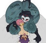  4_eyes absurd_res accessory animal_humanoid anthro areola avian big_breasts big_butt big_nipples bird blush body_writing breasts butt canid canid_humanoid canine canine_humanoid clothing cock_ring crossgender duo english_text eyes_closed female fox_humanoid genitals grey_areola grey_body grey_nipples hair hellaverse helluva_boss hi_res huge_butt humanoid jewelry kopokofiart larger_female male male/female mammal mammal_humanoid mtf_crossgender multi_eye multicolored_body nipples non-mammal_breasts nude open_mouth owl owl_demon penis penis_accessory penis_jewelry profanity purple_hair red_eyes size_difference smaller_male stolas_(helluva_boss) text tongue tongue_out two_tone_body underwear 