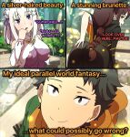  1boy 2girls absurdres ass black_hair black_hood bodysuit braid braided_ponytail cape commentary elf emilia_(re:zero) english_commentary english_text flower from_behind grabbing_own_ass green_eyes hair_flower hair_ornament highres long_hair mayngomay multiple_girls natsuki_subaru pointy_ears purple_bodysuit purple_eyes re:zero_kara_hajimeru_isekai_seikatsu shaula_(re:zero) very_long_hair white_cape white_flower white_hair 