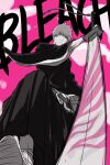  1boy bleach closed_mouth copyright_name fourth_wall from_below hakama highres holding holding_sword holding_weapon ichi_natsu japanese_clothes kimono kurosaki_ichigo limited_palette looking_at_viewer male_focus obi reflective_surface sash shihakusho short_hair sword waraji weapon zanpakutou 