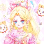  ! +_+ ahoge animal animal_on_head argyle_background argyle_bow bare_shoulders bead_necklace beads bird bird_on_head blonde_hair blue_eyes bow bow_choker bowtie brown_eyes cat chinese_commentary choker closed_mouth clothed_animal collarbone commentary_request detached_sleeves dot_nose dotted_line dress drooling ear_covers earrings excited eyelashes frilled_dress frilled_sleeves frills hair_bow hand_up head_only heart heart_earrings high_ponytail hood hood_up infinity_nikki jewelry light_blush lipstick long_hair long_sidelocks long_sleeves makeup momo_(nikki) multiple_views necklace nikki_(series) on_head pink_background pink_bow pink_bowtie pink_choker pink_dress pink_lips pink_ribbon pink_sleeves ponytail puffy_long_sleeves puffy_sleeves red_bow red_bowtie ribbon ribbon_earrings shell sidelocks sleeves_past_wrists smile sparkle sparkling_eyes strapless strapless_dress striped_bow striped_bowtie striped_choker striped_clothes stylist_(nikki) sun_symbol traditional_bowtie two-tone_background very_long_hair wavy_hair white_background white_bird white_cat yellow_hood yuguihuanran 