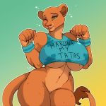  2020 5_fingers anthro anthrofied big_breasts bottomless breasts claws clothed clothing digital_media_(artwork) disney felid female fingers geeflakes gradient_background green_eyes hi_res huge_breasts lion mammal nala navel one_eye_closed pantherine shirt simple_background solo sweatband text text_on_clothing text_on_shirt text_on_topwear the_lion_king topwear under_boob yellow_sclera 