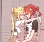  2girls ahoge anago_(anago_ng) blonde_hair blush bocchi_the_rock! commentary_request hands_on_another's_waist highres ijichi_nijika kita_ikuyo korean_commentary long_hair multiple_girls on_toilet ponytail red_eyes red_hair shirt sitting sitting_on_lap sitting_on_person sweat tears white_shirt yuri 