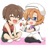  1boy 1girl apple_rabbit beret black_thighhighs blue_eyes blue_wrist_cuffs blush bow bowtie brown_hair chibi chibi_only closed_eyes commentary_request dress feeding food food_art green_shorts hat heart higurashi_no_naku_koro_ni ka_(kajikajikk) maebara_keiichi no_shoes open_mouth orange_hair purple_bow purple_bowtie red_vest ryuuguu_rena shorts simple_background sitting socks thighhighs vest white_background white_dress white_hat white_socks wrist_cuffs 