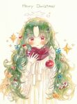  1girl bell blue_bow blush bow christmas_ornaments christmas_ornaments_in_hair christmas_star closed_mouth commentary_request curtained_hair dress frilled_dress frills green_hair hair_bell hair_bow hair_ornament hand_on_own_chest hands_up holding kurebe long_hair long_sleeves looking_at_viewer merry_christmas neck_ribbon original painting_(medium) parted_bangs partial_commentary plaid_clothes plaid_scarf red_bow red_eyes red_scarf ribbon scarf simple_background solo star_(symbol) straight-on traditional_media upper_body watercolor_(medium) white_background white_dress white_ribbon 