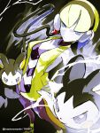  1girl black_background blonde_hair blue_eyes cable closed_mouth commentary electricity elesa_(pokemon) emolga headphones high_heels highres leggings mayotsunamayo pokemon pokemon_(creature) pokemon_black_and_white shoes short_hair twitter_username vest watermark yellow_shoes yellow_vest 