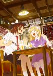  2girls absurdres alcohol arm_rest beer black_hat black_skirt blonde_hair bow brown_eyes brown_hair buttons chair chopsticks collared_dress collared_shirt commentary_request contrast_collar cover cover_page dress drink fishing39 food food_request frilled_dress frills hair_bow hanging_light hat hat_bow hat_ribbon highres holding holding_chopsticks indoors maribel_hearn mob_cap multiple_girls necktie novel_cover open_mouth purple_dress red_necktie red_ribbon restaurant ribbon ribbon-trimmed_collar ribbon-trimmed_shirt ribbon-trimmed_skirt ribbon_trim shirt sitting skirt socks table teeth textless_version touhou translation_request upper_teeth_only usami_renko white_hat white_shirt white_socks yellow_eyes 