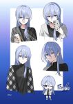  1girl :d ;d black_nails black_shirt black_shorts black_socks blue_eyes blue_hair cellphone character_name chibi chihuri closed_mouth commentary_request cup disposable_coffee_cup disposable_cup ende_(chihuri) grey_jacket hair_between_eyes highres holding holding_cup holding_phone hood hood_down hooded_jacket jacket long_hair multiple_views nail_polish one_eye_closed open_clothes open_jacket original phone plaid_clothes plaid_jacket shirt shoes shorts smile socks standing very_long_hair white_shoes 
