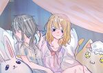  2girls alternate_costume artist_name bedroom black_hair blonde_hair bow buttons closed_eyes closed_mouth collarbone commentary curtains hair_between_eyes hair_bow hair_tie hand_in_another's_hair hat long_hair looking_at_viewer lying maribel_hearn missing_headwear mob_cap multiple_girls nightgown on_back oriharareimu pillow purple_eyes purple_shirt shirt short_sleeves sitting smile striped_clothes striped_shirt stuffed_animal stuffed_cat stuffed_rabbit stuffed_toy touhou unworn_headwear usami_renko vertical-striped_clothes vertical-striped_shirt white_bow white_hat white_shirt yuri 