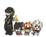 1girl 3boys aak_(arknights) animal_ears arknights black_coat black_hat black_pants black_shirt black_shoes blush cat_ears cat_tail chibi chibi_inset chiwawaluver closed_mouth coat colored_tips dog_ears dog_tail dragon_boy dragon_ears fins fish_tail furry furry_female furry_male gloves hand_on_own_hip hands_on_own_hips hat horns hung_(arknights) komainu_boy lee_(arknights) looking_at_viewer multicolored_hair multiple_boys open_mouth pants round_eyewear shirt shoes single_horn smile tail tiger_ears tiger_girl tiger_stripes tiger_tail waai_fu_(arknights) white_background yellow_gloves 
