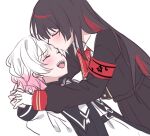  2girls armband belt black_coat black_hair black_shirt black_skirt coat collared_shirt gradient_hair interlocked_fingers kiss kissing_forehead long_hair long_sleeves mahou_shoujo_no_majo_saiban multicolored_hair multiple_girls necktie nikaido_hiro open_mouth pink_hair pinkisangel red_armband red_necktie sakuraba_ema shirt short_hair simple_background skirt white_background white_hair white_shirt yuri 