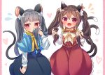  2girls :3 alternate_hair_length alternate_hairstyle animal_ear_fluff animal_ears bangs black_skirt blue_capelet blush bow capelet cat_ears cat_tail chen commentary_request covering_mouth cowboy_shot eyebrows_visible_through_hair fangs flying_sweatdrops heart heart_background highres holding holding_hair ibaraki_natou jewelry looking_at_viewer mouse_ears mouse_tail multiple_girls multiple_tails nazrin no_hat no_headwear open_mouth pendant petticoat pillarboxed red_eyes red_skirt red_vest silver_hair single_earring skirt standing tail thick_eyebrows touhou twintails twintails_day vest white_bow white_neckwear 
