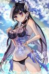  1girl bikini black_bikini black_hair blue_sky breasts cloud commentary_request cowboy_shot day food hair_intakes hair_ornament highres holding holding_food holding_popsicle honkai:_star_rail honkai_(series) hysilens_(honkai:_star_rail) large_breasts long_hair looking_at_viewer oekakidekinai1 outdoors popsicle purple_eyes ribs see-through_body sky smile solo spine swimsuit wading water x_hair_ornament 