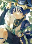  0a_9_(pixiv82791714) 1boy arm_at_side armor belt black_belt black_bodysuit black_bow black_bridal_gauntlets black_hair black_shorts blue_gem blue_hat blue_jingasa blue_kimono blue_sleeves blunt_ends bodysuit bow bridal_gauntlets cape expressionless feathers gem genshin_impact gold gold_ring grass hand_up hat japanese_armor japanese_clothes jingasa juban kimono knee_up kote kurokote layered_sleeves leg_warmers looking_at_viewer looking_up lower_eyelashes_only male_focus middle_ring pom_pom_(clothes) purple_cape purple_eyes purple_rope purple_sash rope sash scaramouche_(genshin_impact) short_sleeves shorts shoulder_peek side_cape sitting solo tsurime turtleneck turtleneck_bodysuit wanderer_(genshin_impact) white_kimono white_leg_warmers white_sleeves wispy_bangs yellow_feathers 