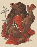  absurd_res anthro brown_body brown_eyes brown_fur brown_hair canid canine clothing cross cynocephalus cynocephaly feet fur hair hi_res hybrid long_hair long_muzzle male mammal medieval medieval_clothing muscular muscular_male mythology ravuer silver_(metal) simple_background sitting solo tabard 