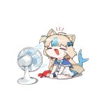  1girl =_= ahoge animal_ears blonde_hair blue_sailor_collar blush_stickers bow cat_ears chibi chibi_only commentary electric_fan facing_viewer fang fins fish_girl fish_tail from_side hair_bow highres hot ilgong indie_virtual_youtuber kaniki_(sameko_saba) long_hair motion_lines multicolored_hair open_mouth sailor_collar sameko_saba shorts simple_background sitting solo streaked_hair sweat tail twintails wariza white_background white_shorts 