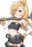  1girl bare_shoulders black_shorts blonde_hair breasts choker commentary_request cowboy_shot crop_top detached_sleeves earrings furugo-ri280 gloves goggles goggles_around_neck green_eyes grin hair_bun hair_ornament highres holding holding_weapon jewelry long_hair looking_at_viewer midriff navel one_eye_closed over_shoulder piper_wheel red_choker shorts simple_background single_hair_bun sleeveless small_breasts smile solo weapon weapon_over_shoulder white_background white_sleeves yellow_gloves zenless_zone_zero 
