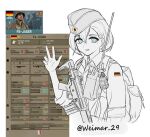 1boy 1girl 2others artist_name backpack bag battle_rifle blue_eyes bob_cut bundeswehr camouflage camouflage_helmet cockade collared_shirt combat_helmet commentary cropped_torso english_text explosive flag_patch game_screenshot_inset garrison_cap german_commentary german_flag grenade gun gun_sling h&amp;k_g3 hair_between_eyes hat helmet highres lineart looking_at_viewer machine_gun mg3 military military_combat_uniform military_hat military_uniform multiple_others no_pupils parachute paratrooper parted_lips partially_colored patch rifle screenshot_inset shirt short_hair sketch sleeves_rolled_up soldier solid_eyes solo_focus stats w walkie-talkie warno_(game) weapon weapon_name weimar_29 west_germany 