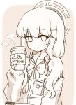  1girl aoba_(blue_archive) armband blue_archive border bow bowtie breast_pocket coffee coffee_bean_print coffee_beans collarbone collared_shirt criceto cup disposable_coffee_cup disposable_cup hair_ornament hairclip halo holding holding_cup long_hair long_sidelocks monochrome no_pupils open_clothes open_shirt orange_background outside_border pocket shirt sidelocks solo steam sweatdrop twintails upper_body wavy_mouth white_border 