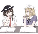  2girls arm_rest black_hat black_ribbon bow chair check_commentary collared_dress collared_shirt commentary_request contrast_collar dress elbow_rest hair_between_eyes hair_bow hand_on_own_cheek hand_on_own_face hat hat_bow highres holding holding_pen kashiwada_kiiho long_hair maribel_hearn medium_hair mob_cap multiple_girls neck_ribbon necktie notebook one_eye_closed pen purple_dress red_necktie ribbon shirt short_sleeves signature sitting table touhou usami_renko white_background white_hat white_shirt 