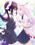  2girls absurdres arcaea bare_shoulders black_bow black_choker black_dress black_hair blue_eyes bow bug butterfly choker commentary_request dress dress_under_shirt english_text flower frilled_sleeves frilled_wrist_cuffs frills hair_bow hair_ornament head_wreath highres hikari_(arcaea) hikari_(reunion)_(arcaea) holding_hands interlocked_fingers layered_dress long_hair long_sleeves multiple_girls off-shoulder_dress off_shoulder pantyhose pink_flower pink_rose poyr_0q0 puffy_short_sleeves puffy_sleeves purple_pantyhose ribbon rose short_sleeves white_bow white_dress white_wrist_cuffs wrist_cuffs yuri 