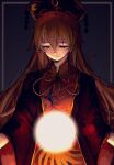  1girl absurdres black_dress black_hat closed_mouth commentary_request crescent_print dalachi_(headdress) dress hat highres junko_(touhou) long_hair m1saki_1 neck_ribbon red_tabard ribbon sad_smile solo tabard touhou very_long_hair wide_sleeves yellow_ribbon 